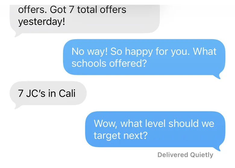 Text conversation: athlete got 7 total offers yesterday, 7 junior colleges in California