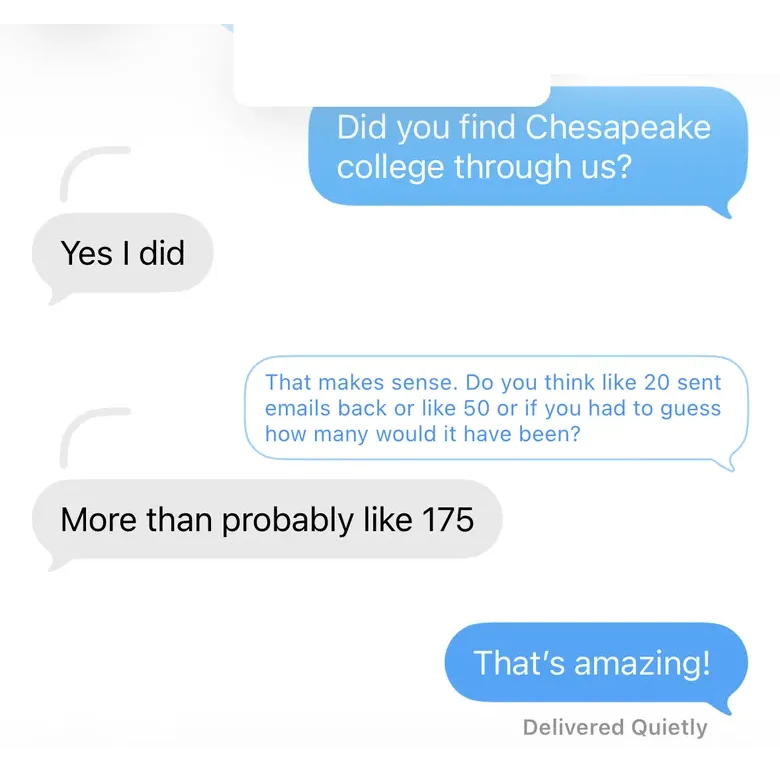 Text conversation: athlete found his college through The Recruiting Bridge