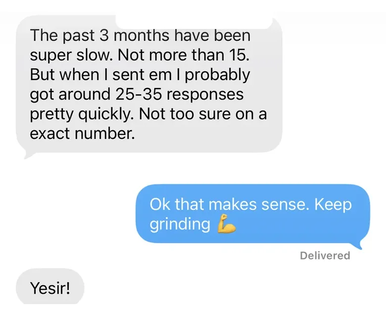 Text conversation: 25 to 35 coach responses came quickly